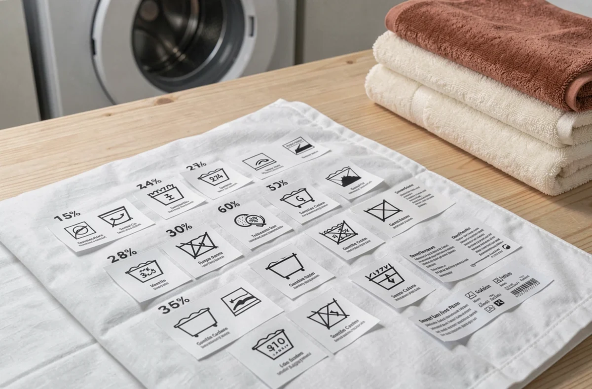 Gros plan sur des étiquettes de symboles lavage pour draps, serviettes et couettes sur une table en bois