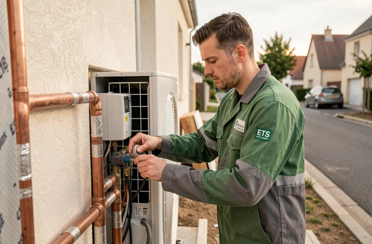 Technicien ETS Ambiance Confort Energies raccordant les tuyaux d'une pompe à chaleur