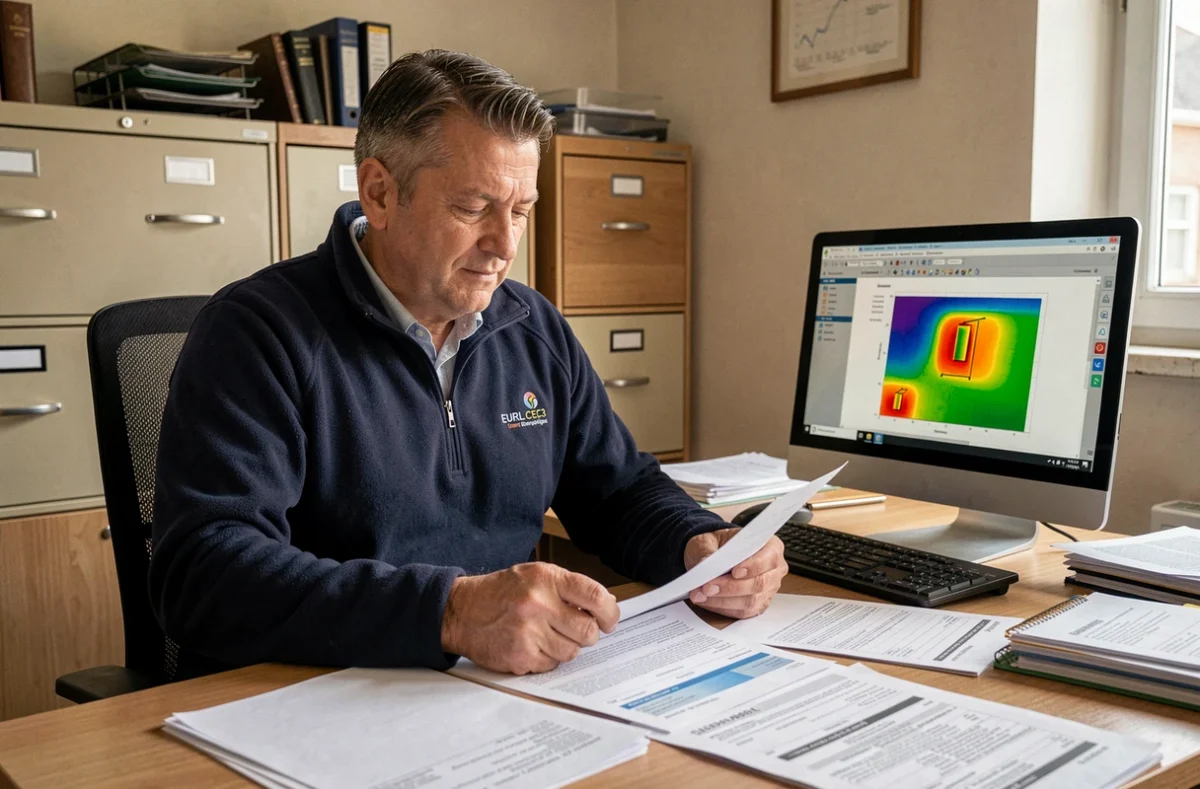 Consultant EURL CEC3 Energetique analysant des documents de performance énergétique dans son bureau