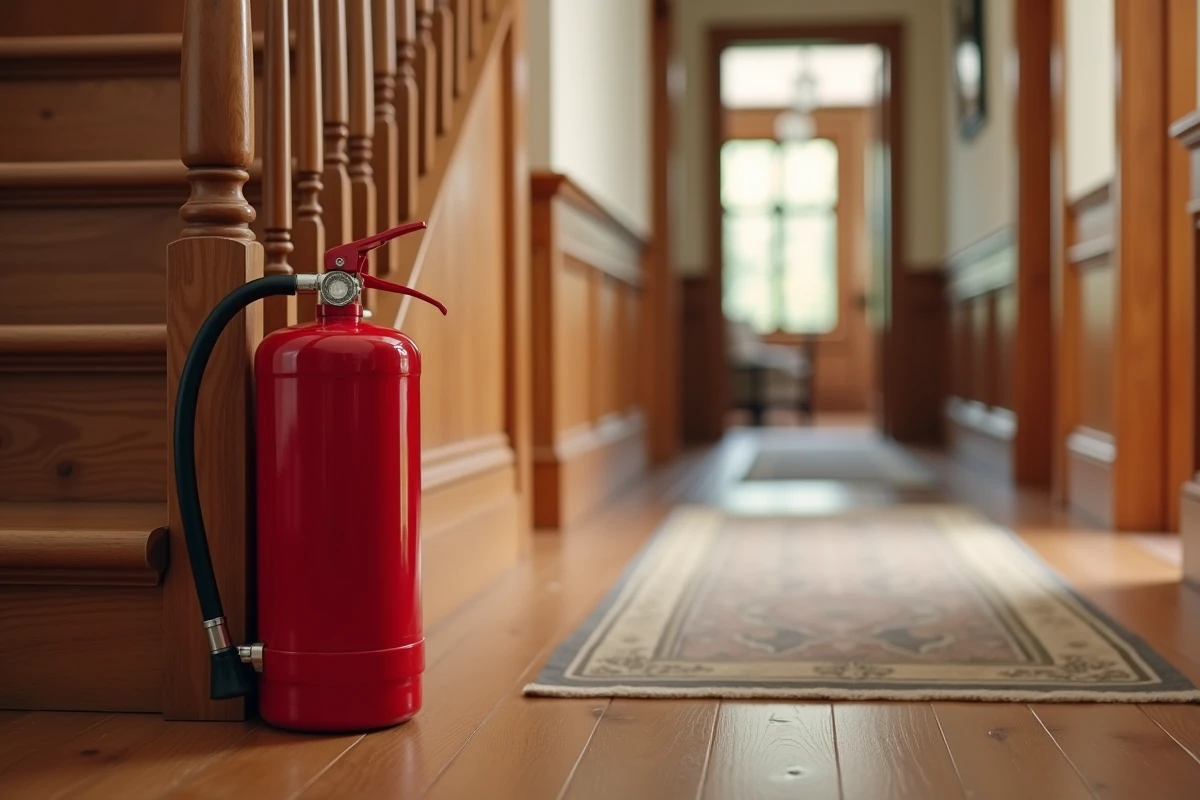 Extincteur compact posé au pied d'un escalier en bois dans un couloir de maison individuelle