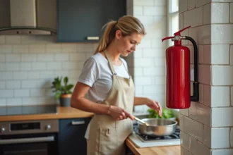 Extincteur rouge fixé au mur d'une cuisine moderne près d'une cuisinière, avec une femme en tablier de lin le regardant