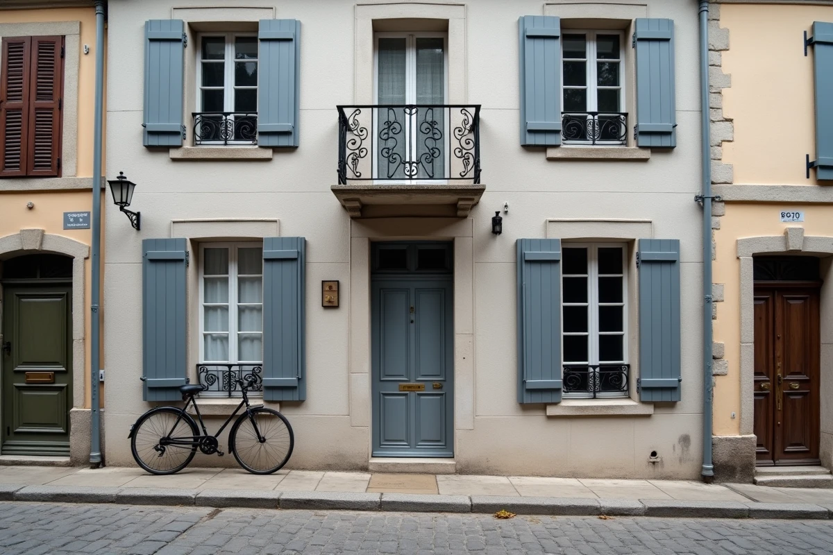 Façade de maison en pierre de taille fraîchement repeinte en gris dans une rue de village français