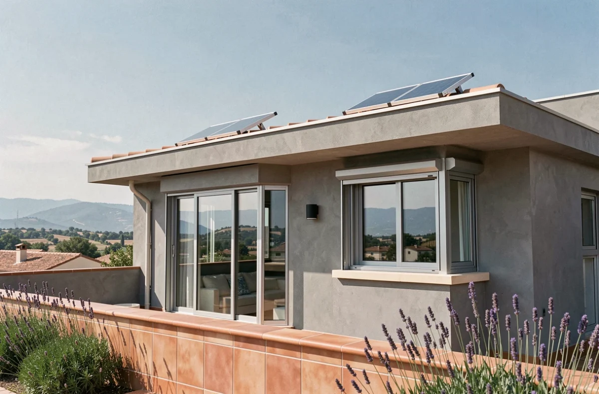 Façade de maison contemporaine avec volets roulants équipés de panneaux solaires en contexte méditerranéen