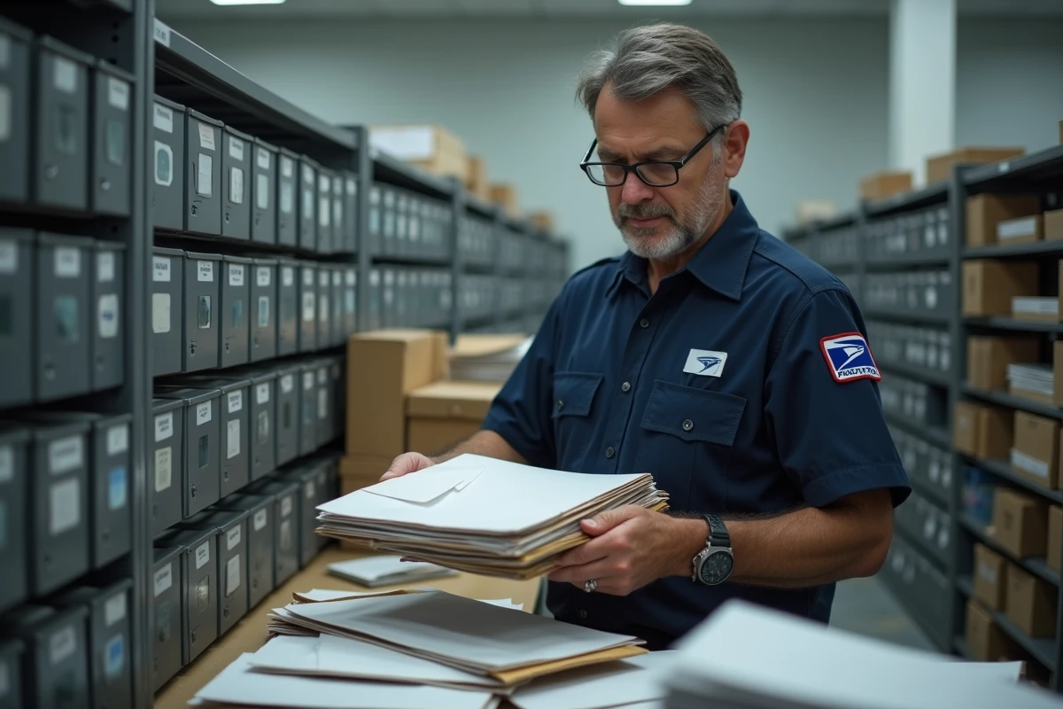 Facteur triant des lettres redirigées dans un bureau de poste, processus de transfert et réexpédition du courrier
