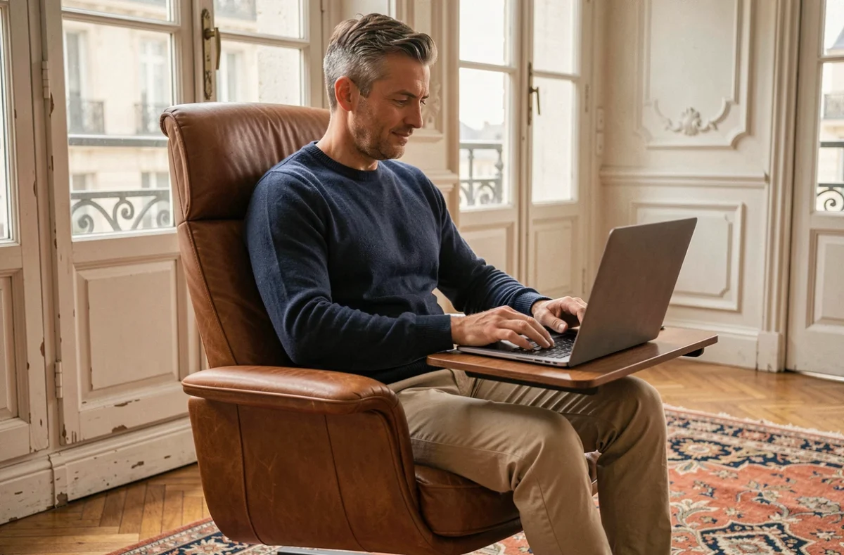 Homme en télétravail dans un fauteuil design ergonomique en cuir cognac et bois de chêne dans un appartement parisien haussmannien