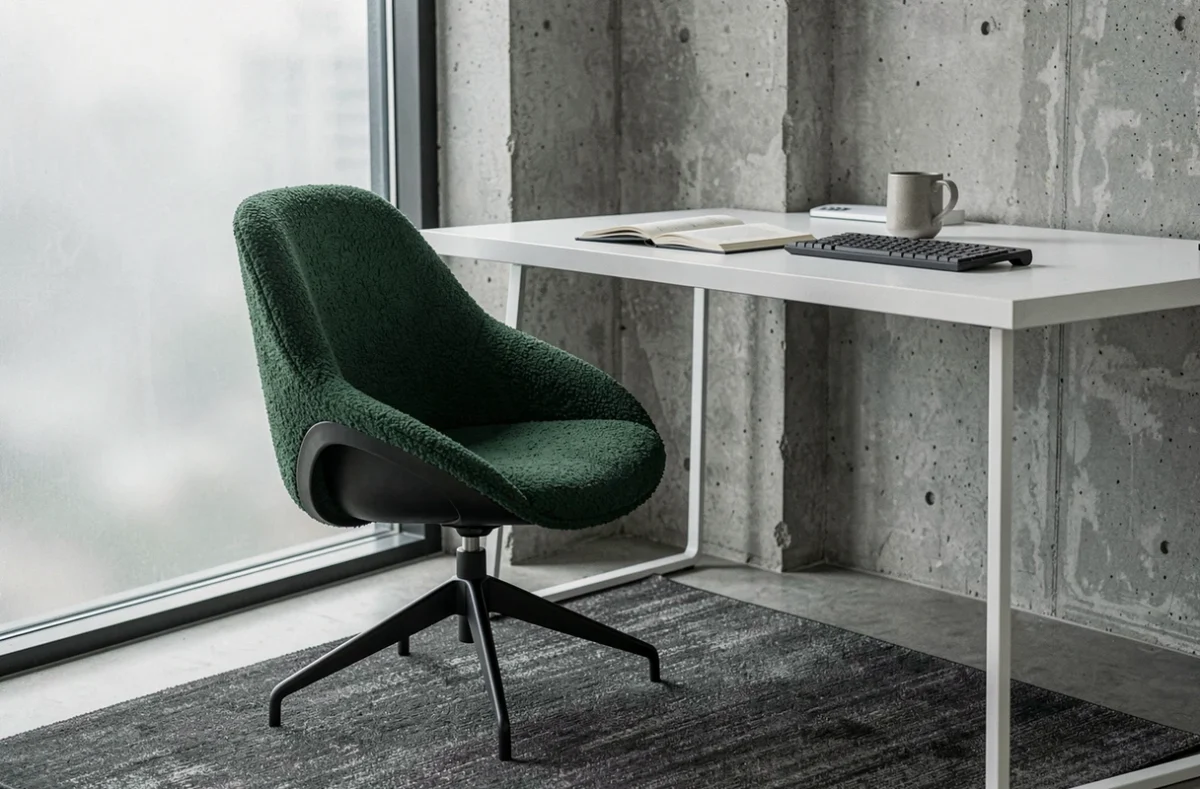 Fauteuil design ergonomique en bouclé vert forêt et base noire dans un coin bureau moderne de télétravail avec mur en béton