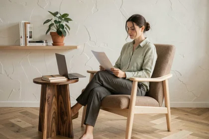 Femme en télétravail assise dans un fauteuil design ergonomique made in design en tissu taupe et bois clair dans un bureau à domicile épuré