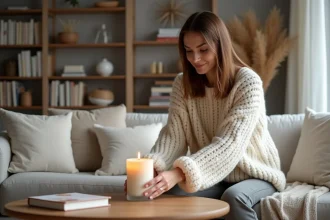 Femme trentenaire dans un salon scandinave disposant une bougie en cire de soja sur une table en bois, ambiance cosy et hygge