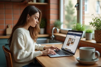 Femme consultant le site Centrakor en ligne sur un ordinateur portable dans une cuisine décorée d'objets tendance