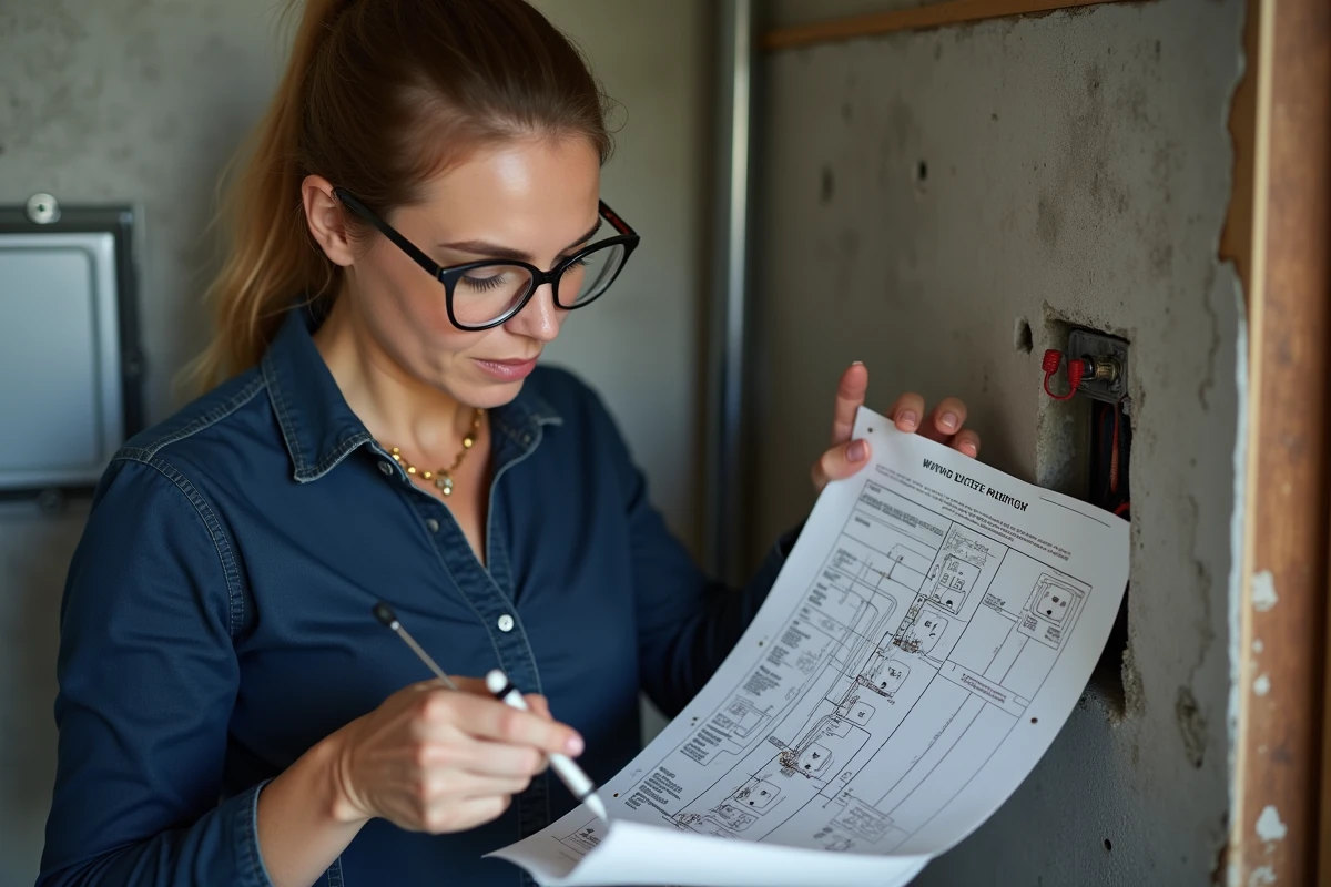 Femme bricolant une prise électrique murale en consultant un schéma de câblage trois fils