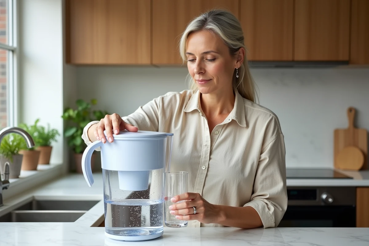 Femme remplissant un verre d'eau depuis une carafe filtrante posée sur un plan de travail en marbre dans une cuisine moderne
