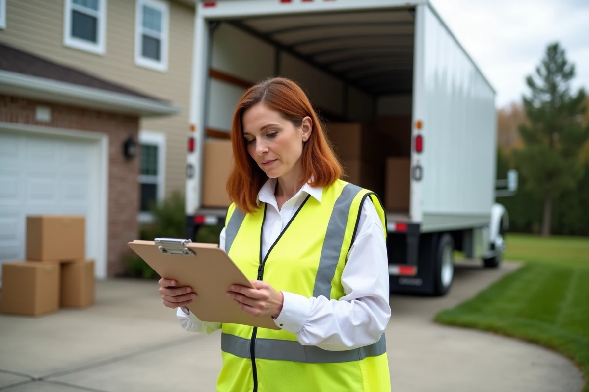 Femme déménageur vérifiant des documents à côté d'un grand camion de déménagement blanc devant une maison