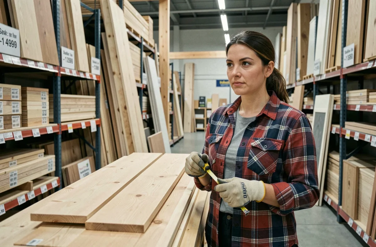 Femme comparant des bastaings et madriers en bois dans un magasin de bricolage avec mètre ruban