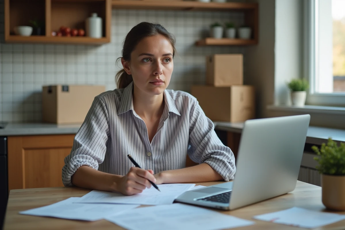 Femme comparant les options de location d'utilitaire et de transport de meubles clé en main sur ordinateur portable dans une cuisine en cours de déménagement