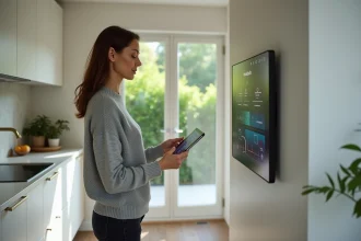 Femme utilisant une tablette pour contrôler une maison intelligente dans une cuisine moderne