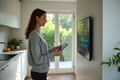 Femme utilisant une tablette pour contrôler une maison intelligente dans une cuisine moderne