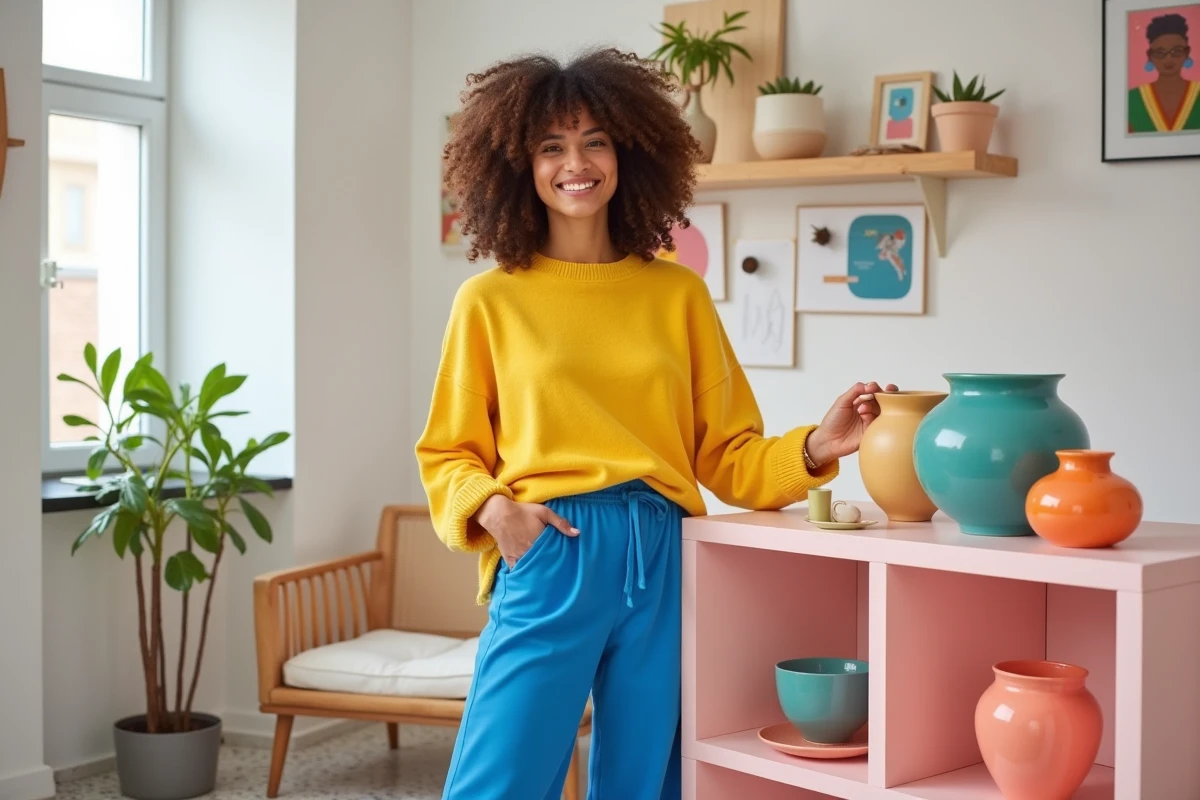 Jeune femme arrangeant des vases colorés sur une étagère rose dans un espace de vie pop design joyeux et chaleureux