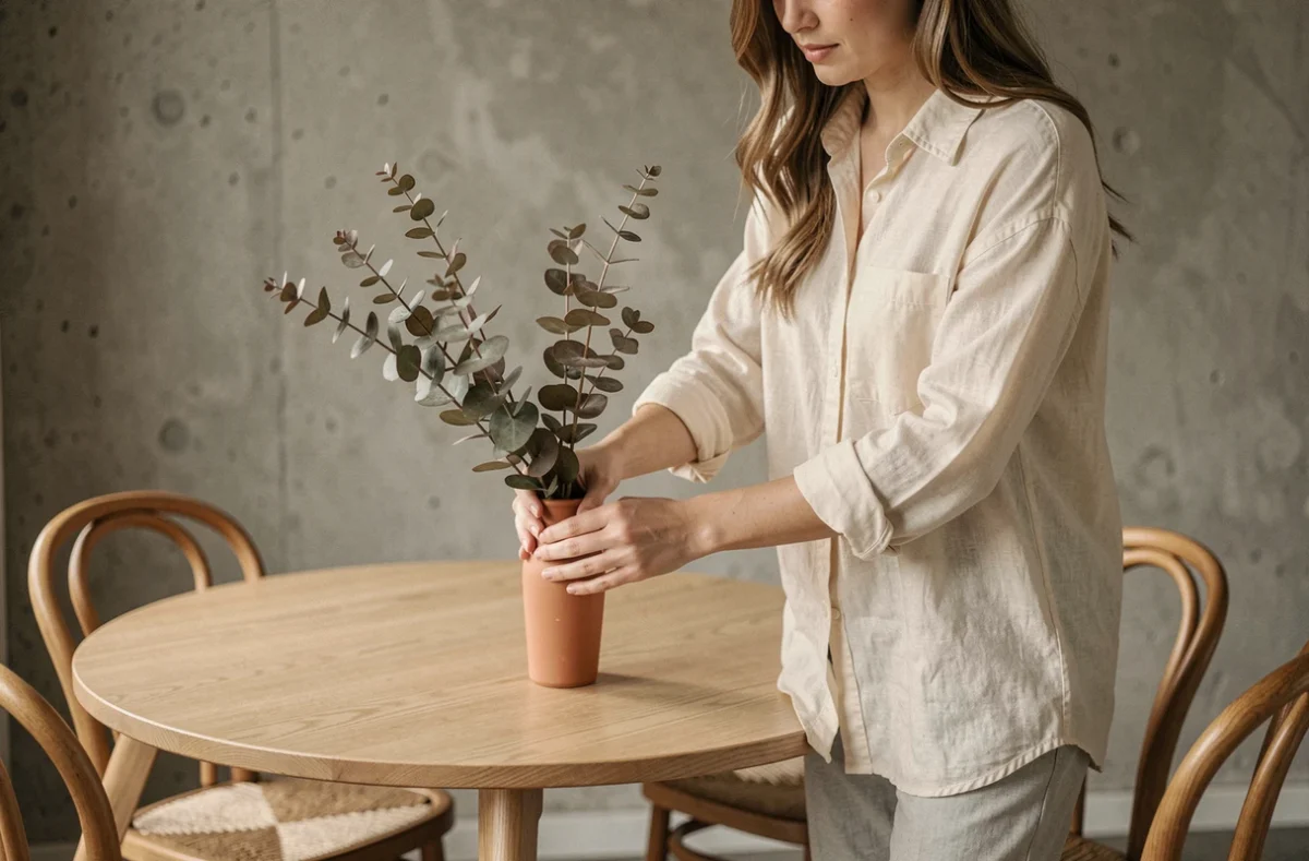 Jeune femme arrangeant une décoration florale séchée sur une table en bois scandinave avec chaises en bois courbé, style Sklum
