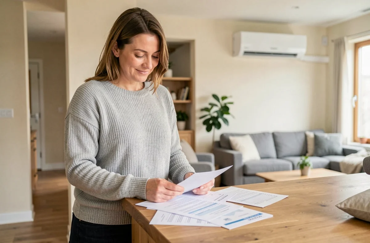 Femme souriante consultant des documents d'aide financière pour sa pompe à chaleur dans une cuisine moderne