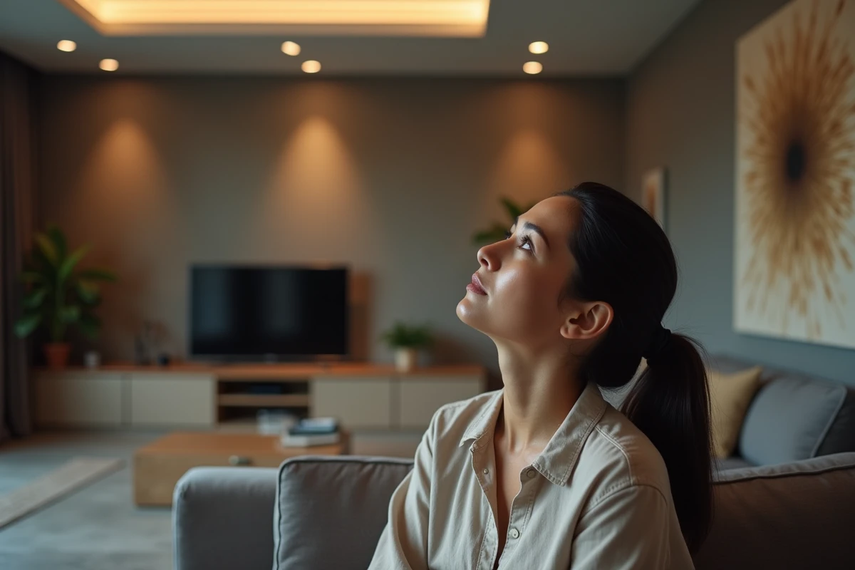 Femme évaluant l'éclairage encastré au plafond d'un salon contemporain pour choisir la bonne puissance lumineuse