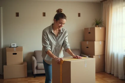Femme qui emballe des cartons lors d'un déménagement dans un appartement presque vide