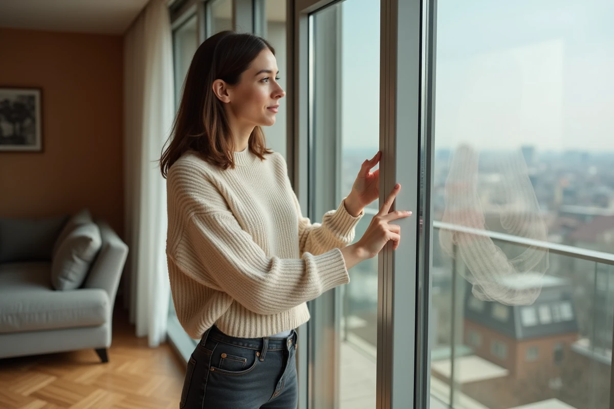 Femme mesurant l'épaisseur d'un double vitrage dans un appartement moderne