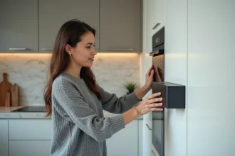 Femme interagissant avec un hub domotique dans une cuisine moderne équipée d'appareils connectés