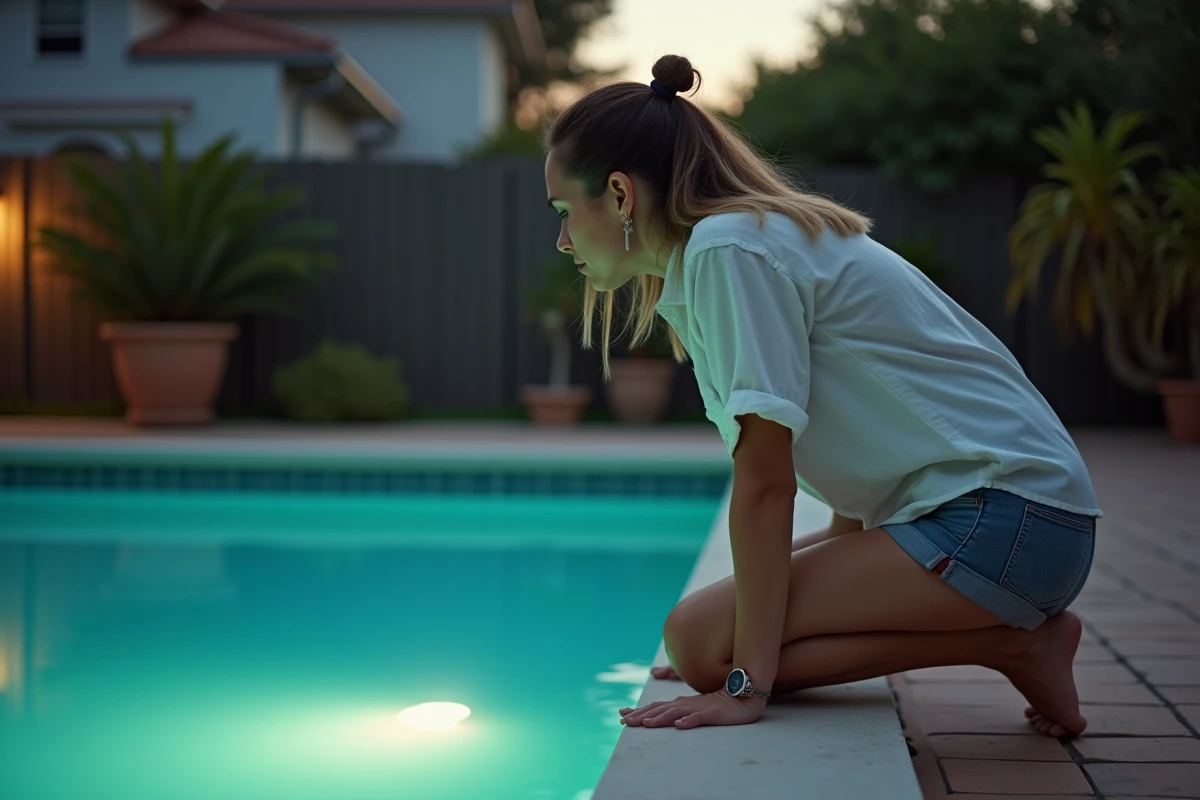Femme inspectant l'éclairage subaquatique de sa piscine résidentielle au crépuscule depuis le bord du bassin