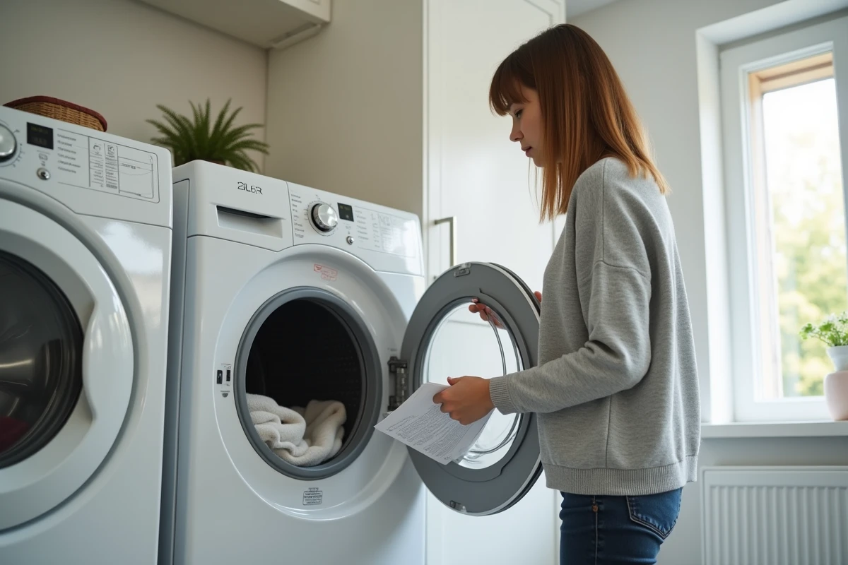 Femme lisant le manuel d'un lave-linge séchant dans une buanderie à domicile pour comprendre sa consommation en eau