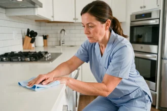 Femme de ménage professionnelle essuyant un plan de travail en cuisine avec un chiffon microfibre