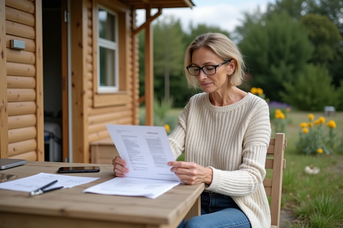 Femme lisant un permis de construire sur la terrasse d'un chalet situé sur son terrain