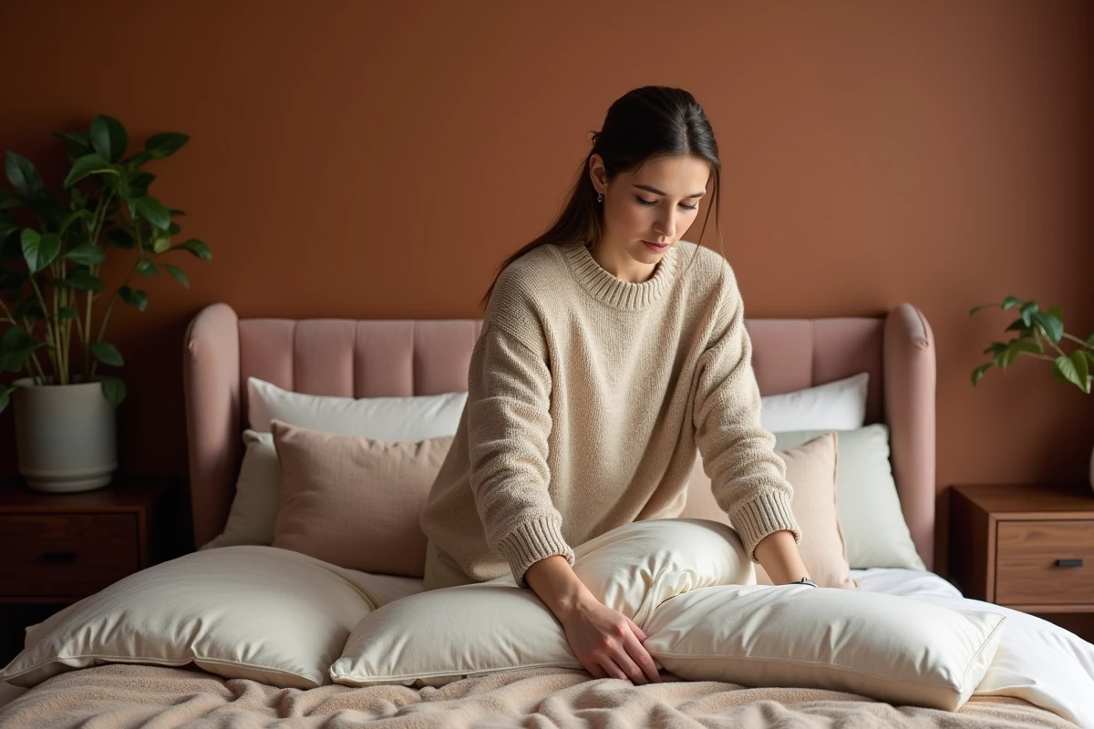 Femme arrangeant des coussins décoratifs sur un lit douillet avec tête de lit en bouclé rose