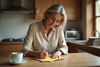 Femme écrivant une adresse de réexpédition sur une enveloppe dans une cuisine, transfert de courrier postal à domicile