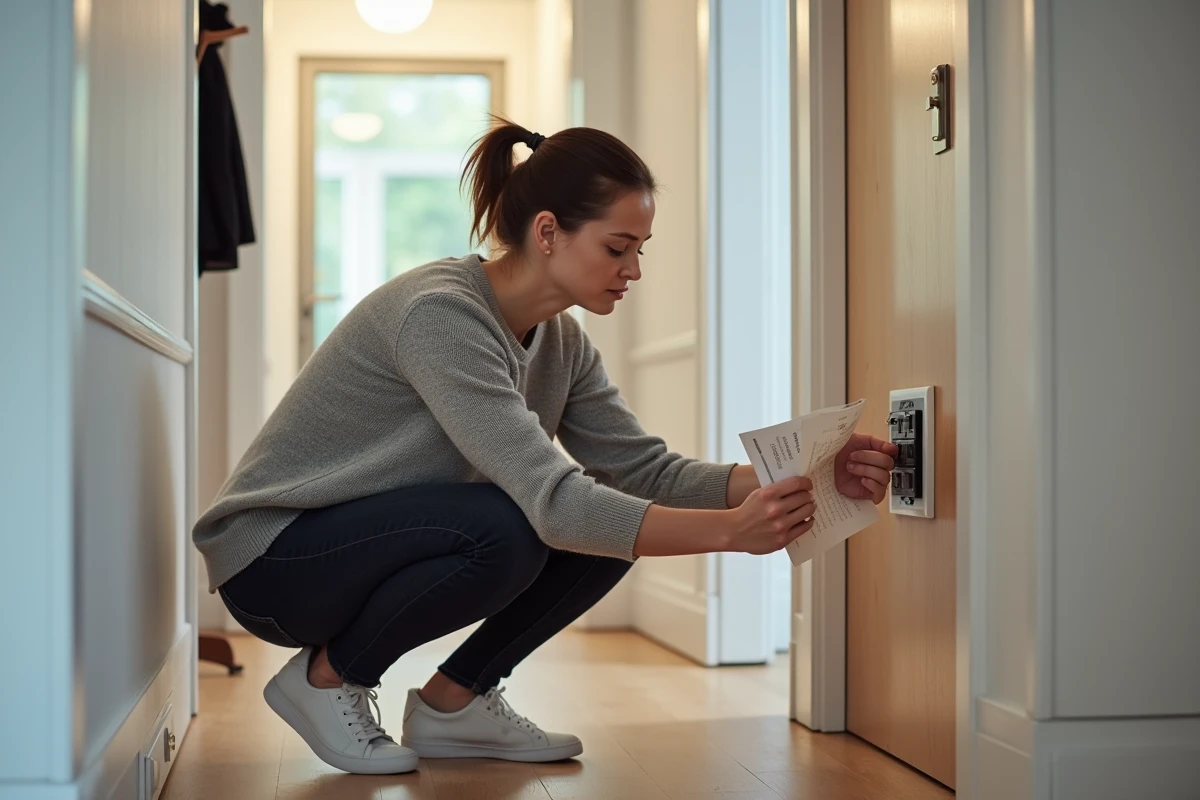 Femme consultant une notice pour remettre l'électricité dans son appartement en actionnant le tableau de disjoncteurs