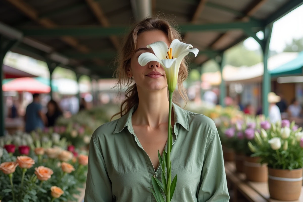 Jeune femme humant un lys blanc Casablanca dans un marché aux fleurs couvert, les yeux fermés dans une expression de plaisir olfactif