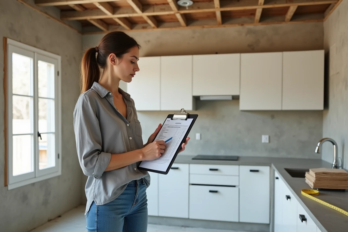 Propriétaire femme avec presse-papiers de suivi des coûts dans une cuisine en cours de rénovation avec matériaux et armoires
