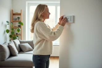 Femme ajustant un thermostat numérique dans un salon moderne pour chauffer sa maison de manière sûre et efficace