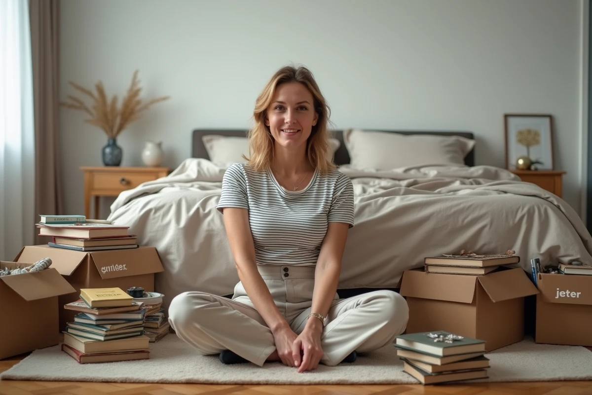 Femme assise sur le sol d'une chambre en train de trier des objets dans des cartons étiquetés pour désencombrer
