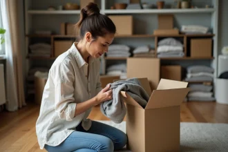 Femme qui trie des vêtements dans des cartons pour désencombrer son salon