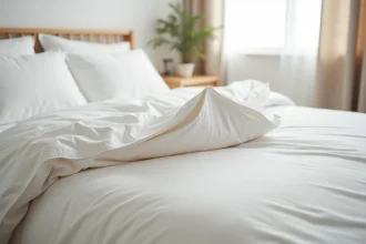Housse de couette blanche avec fermeture bouteille visible au pied d'un lit bien fait dans une chambre scandinave