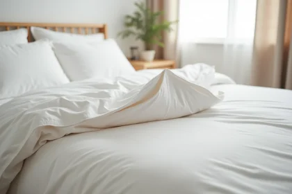 Housse de couette blanche avec fermeture bouteille visible au pied d'un lit bien fait dans une chambre scandinave