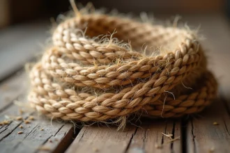 Bobine de fil de chanvre naturel posée sur une surface en bois brut, mettant en valeur la texture durable et écologique des fibres végétales