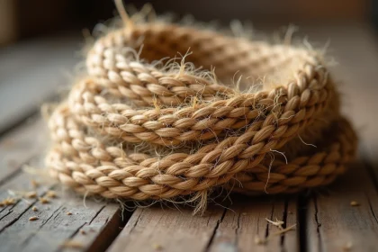 Bobine de fil de chanvre naturel posée sur une surface en bois brut, mettant en valeur la texture durable et écologique des fibres végétales