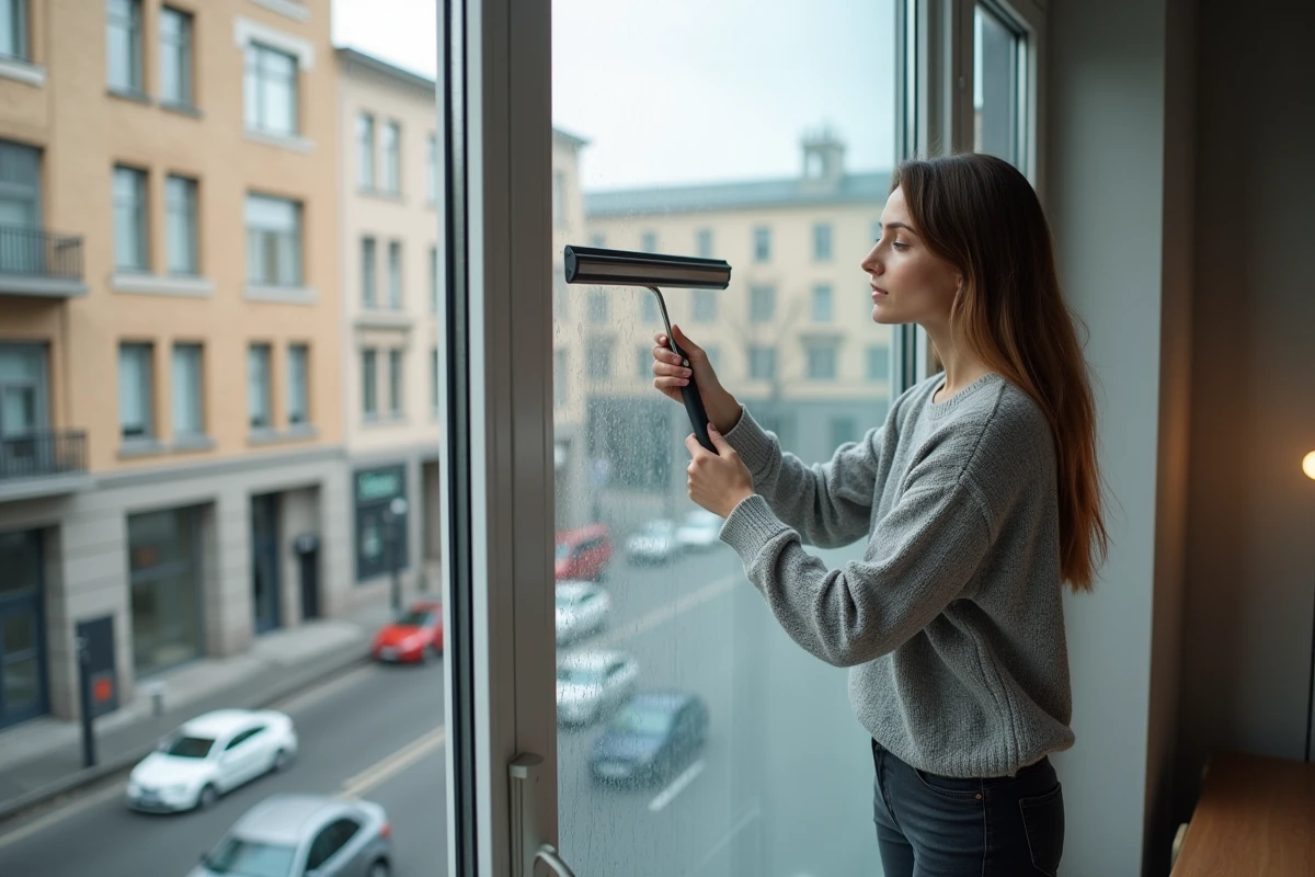 Femme appliquant un film de sécurité anti-intrusion sur une fenêtre donnant sur rue dans un appartement moderne