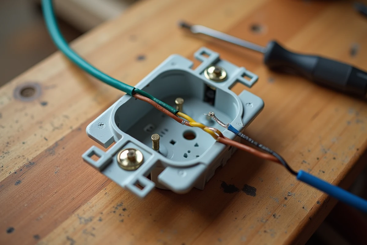 Gros plan sur les trois fils phase neutre et terre insérés dans les bornes d'une prise électrique ouverte