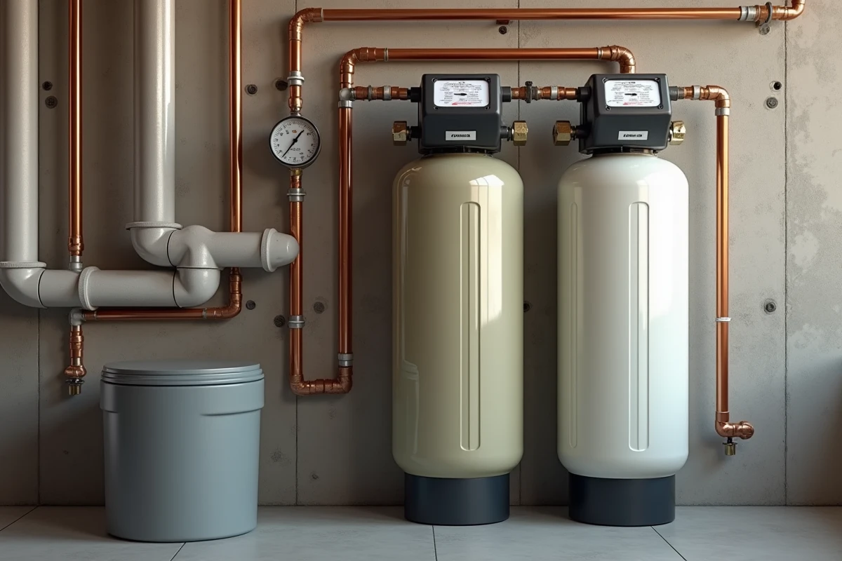 Système de filtration d'eau entière maison avec grosses cartouches cylindriques et robinets d'arrêt montés sur des tuyaux en cuivre dans une cave technique