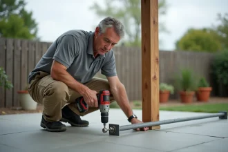 Homme fixant un pied de gazebo sur une dalle en béton avec une perceuse sans fil