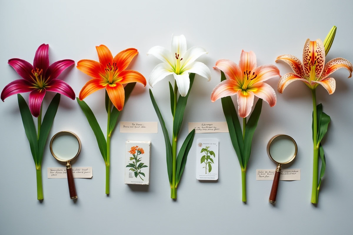 Vue de dessus d'un flat lay botanique présentant cinq variétés de lys parfumés étiquetés à la main sur un tissu de lin gris clair
