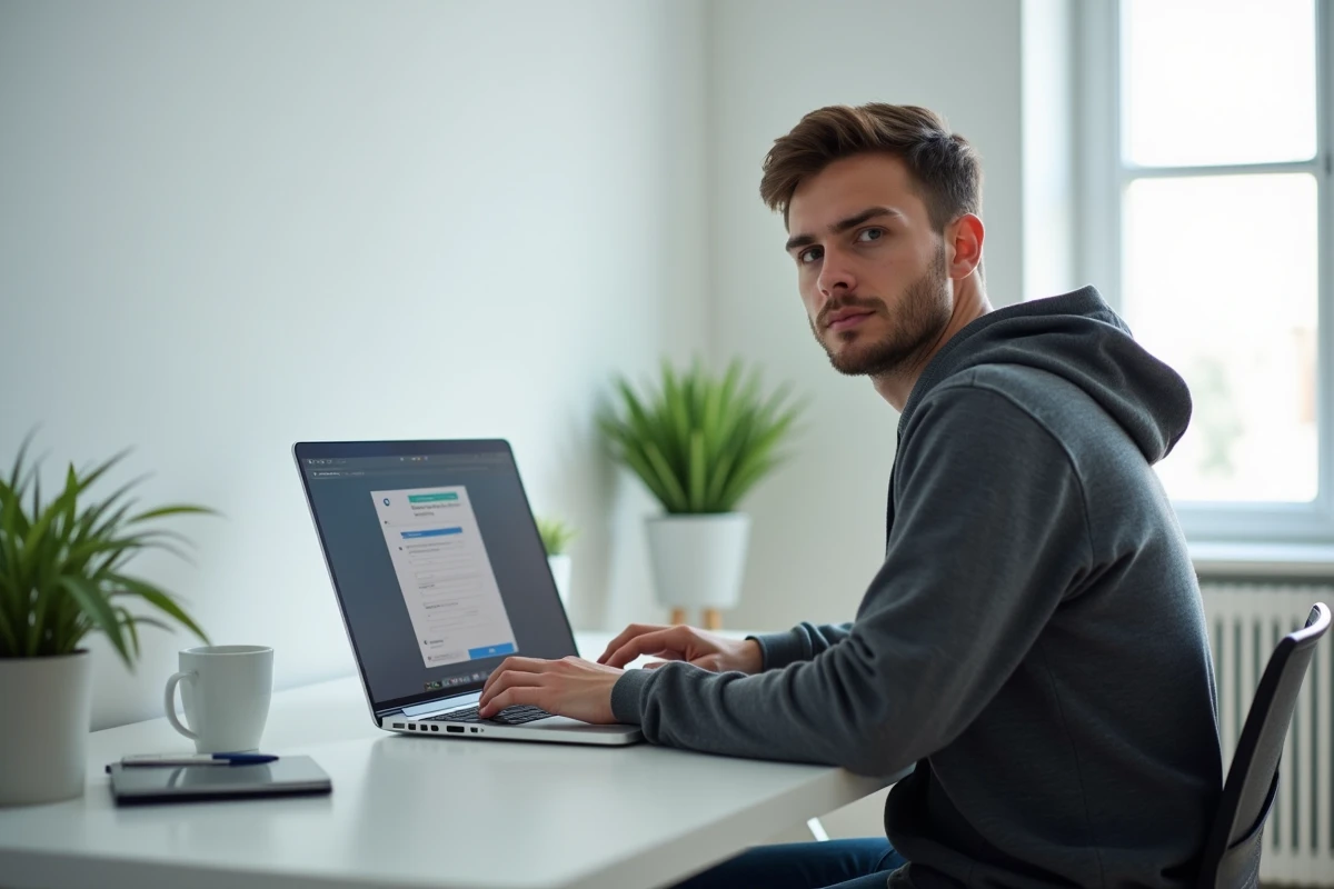Jeune homme remplissant un formulaire de réexpédition de courrier en ligne sur un ordinateur portable à domicile