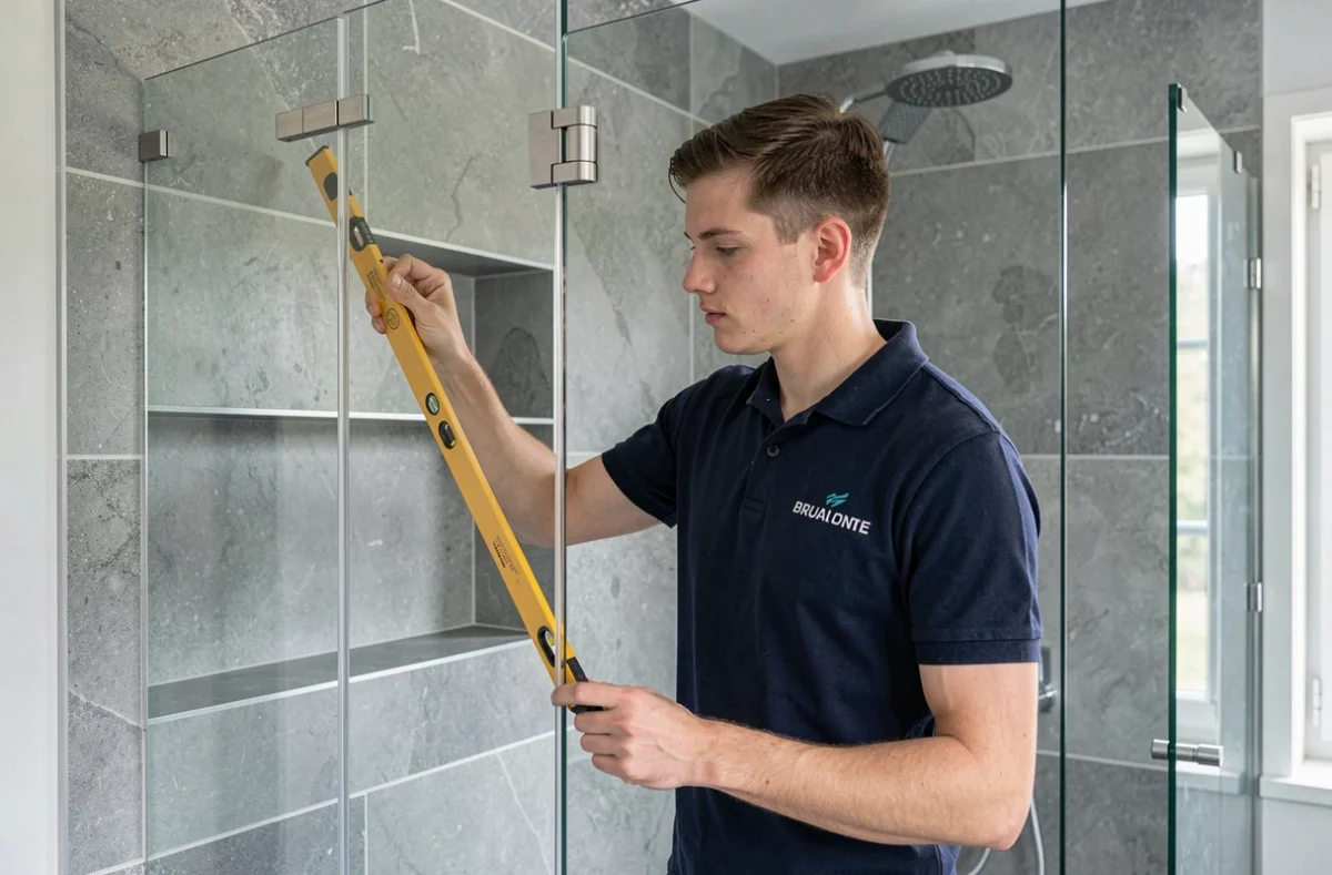 Technicien posant une paroi de douche en verre sans cadre dans une salle de bain luxueuse